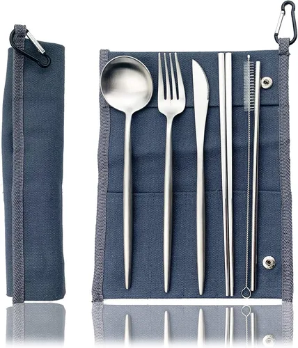 Miniatura 23 de JASHII El juego de cubiertos de viaje incluye cuchillo reutilizable, tenedor, cuchara, palillos, pajilla, utensilios ecológicos, utensilios de Azul