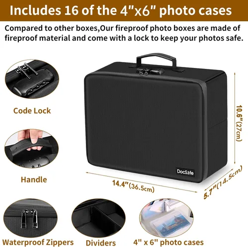 Miniatura 4 de DocSafe - Caja de almacenamiento de fotos con cerradura, caja organizadora de fotos ignífuga con 16 fundas interiores de 4 x 6 pulgadas Transparente