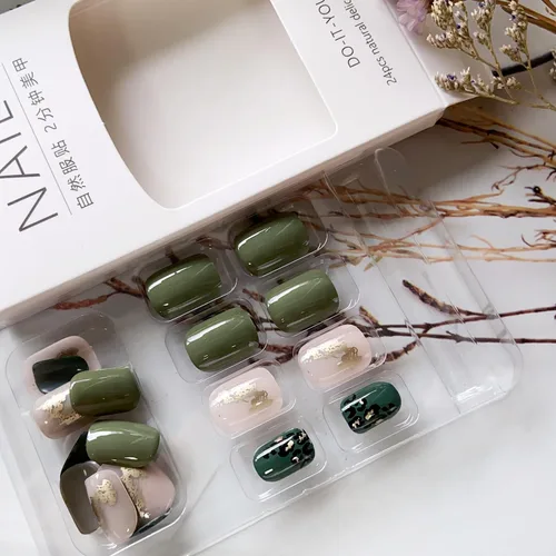 Miniatura 4 de 24 uñas postizas a presión de punta francesa, uñas postizas medianas con forma cuadrada, uñas adhesivas con purpurina y diamantes de imitación, uñas