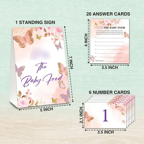 Miniatura 2 de Find The Baby Food Party Games, juego de mariposa para baby shower (1 letrero de pie + 20 tarjetas de respuesta + 6 tarjetas de números), color rosa