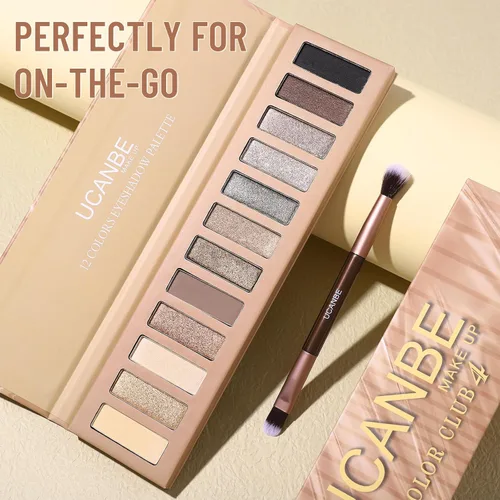 Miniatura 6 de UCANBE Paleta de maquillaje de sombra de ojos de 12 colores, sombra de ojos desnuda mate brillante neutral con kit de brochas de doble punta, 04