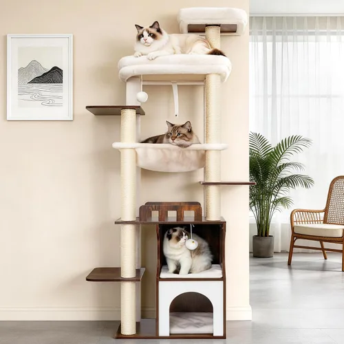Miniatura 8 de Gitelsnour Árbol para gatos, torre de madera para gatos de 70.9 pulgadas para gatos grandes y adultos, muebles modernos para gatos con condominio