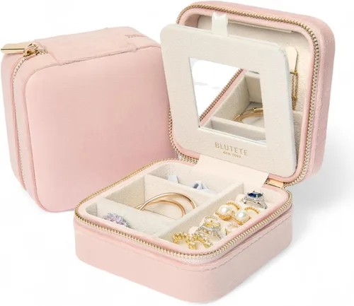 Miniatura 10 de BLUTETE Joyero de viaje organizador de terciopelo con anillos de espejo, aretes, collares, caja organizadora de almacenamiento (negro)