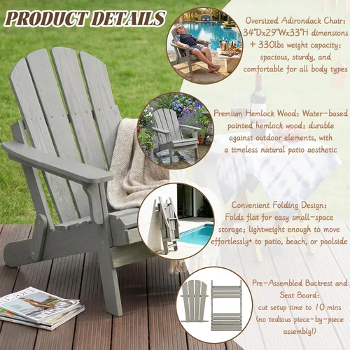 Miniatura 4 de Silla Adirondack plegable, de madera maciza, sillas para hogueras para todo tipo de clima, con respaldo premontado y tabla de asiento para terraza