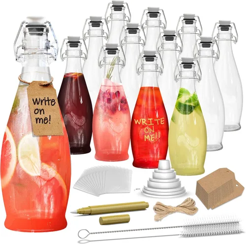 Nevlers Paquete de 12 botellas de vidrio con tapa abatible de lágrima de 17 onzas, botellas de vidrio con tapa hermética, cepillo, embudo, envoltura