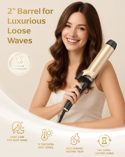 Miniatura 2 de Rizador profesional de 2 pulgadas, varita rizadora de barril grande para cabello largo, calefacción MCH con 12 temperaturas, doble voltaje, negro
