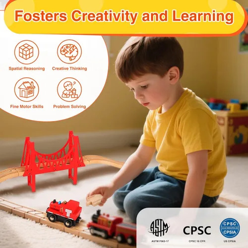 Miniatura 7 de Juego de 60 pistas de tren de madera, accesorios de expansión para niños pequeños de 3 a 5 años, 100% compatible con todas las principales marcas