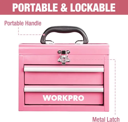 Miniatura 3 de WORKPRO Mini caja de herramientas portátil, caja de herramientas de metal con 2 cajones con deslizadores de rodamientos de bolas, almacenamiento Rosa
