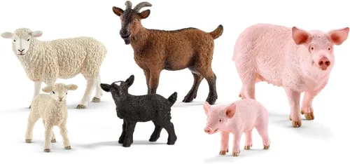Schleich Farm World - Paquete de 6 piezas de animales de granja con figuras de oveja, cabra y cerdo - Figuras de corral de mamá y bebé para niños y