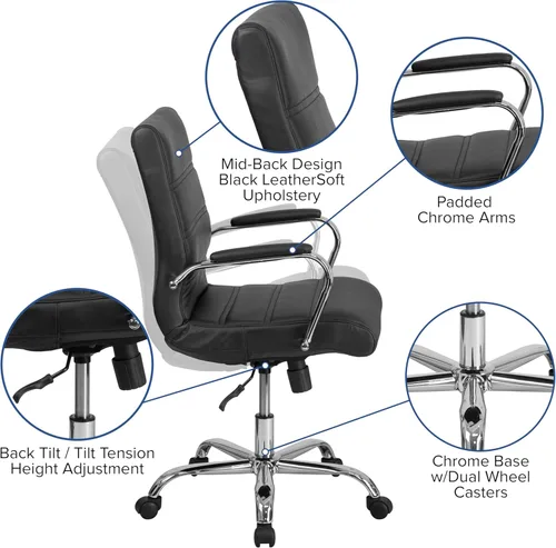 Miniatura 10 de Flash Furniture - Silla giratoria Whitney de respaldo medio con asiento acolchado y reposabrazos de LeatherSoft, silla de oficina ajustable en Negro