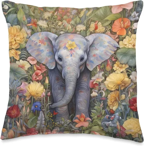 Nature's Neighborhood Batik - Almohada de elefante floral, 16 x 16 pulgadas, multicolor