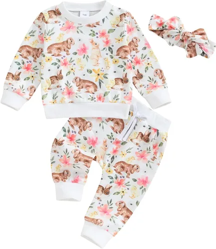 Miniatura 21 de Mandizy Conjunto de ropa de bebé niña otoño 3 6 9 12 18 24 meses sudadera de manga larga y pantalones con estampado floral y diadema