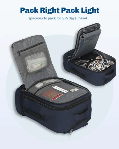 Miniatura 3 de Hynes Eagle Mochila rodante de 42 L con ruedas, mochila de viaje aprobada para vuelos, equipaje de mano, mochila de equipaje, Azul oscuro, Mochilas