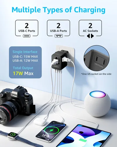 Miniatura 4 de Adaptador de viaje universal, adaptador de enchufe de viaje internacional con 2 puertos USB-C y 2 puertos USB-A, con toma de corriente AC adicional