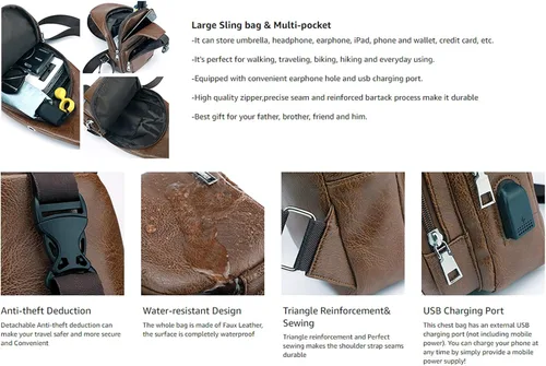 Miniatura 6 de Bolso bandolera de cuero personalizado - Bolso cruzado para hombre - Bolso de pecho para hombre - Mochila bandolera con puerto de carga USB - Bolsa