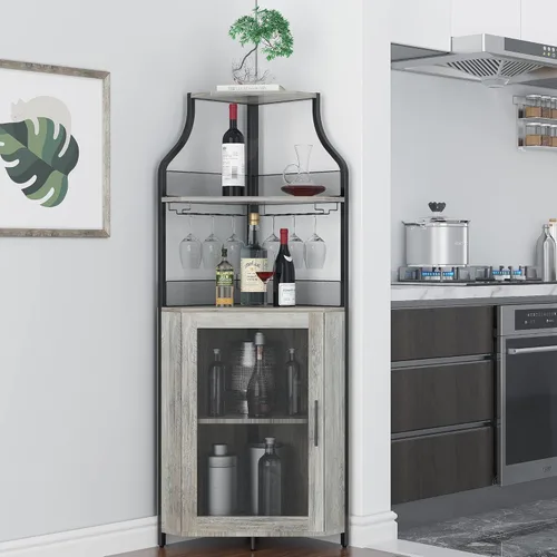 GAOMON Armario esquinero para bar de vinos con estante desmontable para vinos, armario de bar con soporte para vidrio, aparador pequeño y gabinete