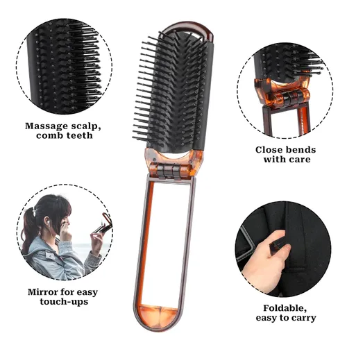 Miniatura 4 de Cepillo de pelo plegable compacto con espejo, paquete de 2 peines de viaje portátiles y mini cepillo de pelo para mujeres, gimnasio, viajes, bolso