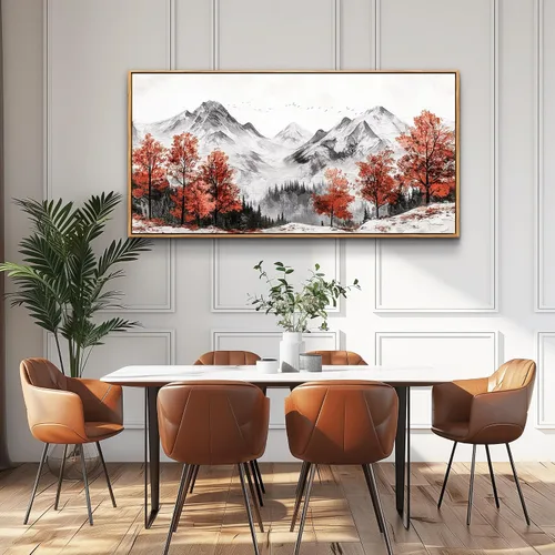 Miniatura 5 de PHAOHUAXM Lienzo decorativo de pared para sala de estar, decoración de pared grande para dormitorio, árbol rojo, tinta, paisaje de montaña, pintura