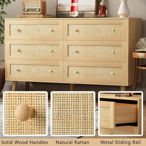 Miniatura 6 de HUANLEGO Cómoda de ratán para dormitorio, cómoda moderna de 6 cajones y cómoda, cómoda bohemia natural con asas, organizador de almacenamiento