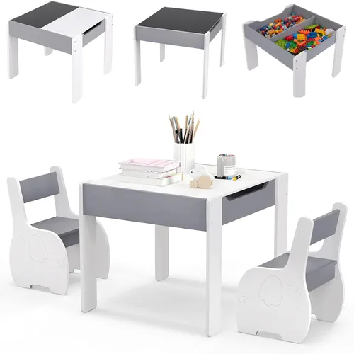 Costzon Juego de mesa y silla para niños, mesa de actividades de madera 4 en 1 y 2 sillas con pizarra desmontable para arte, manualidades, dibujo,