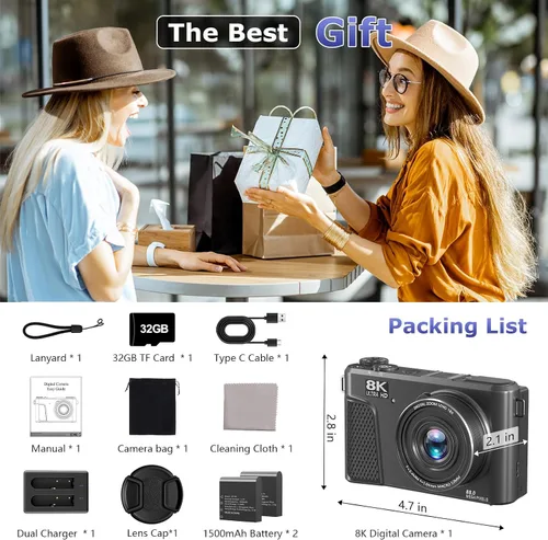 Miniatura 8 de Cámara digital 8K para fotografía, cámara de videoblogs WiFi de 88 megapíxeles para YouTube, pantalla giratoria de 3" 180° y zoom digital 18X