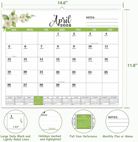 Miniatura 5 de Calendario de pared 2026, calendario de 18 meses, enero 2026 a junio 2027, 14.6 x 11.8 pulgadas, calendario de escritorio 2026 con bloques grandes