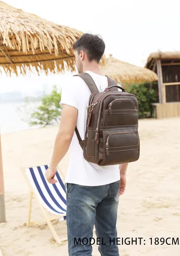 Miniatura 7 de LANNSYNE Mochila de cuero genuino vintage para hombres 15.6 pulgadas portátil bolsa de noche fin de semana camping mochila, Marrón, Mochilas