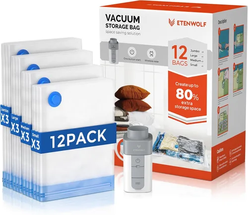 Miniatura 9 de ETENWOLF Paquete de 4 bolsas de almacenamiento al vacío con bomba inalámbrica recargable, bolsas de sellado al vacío para ropa y viajes, bolsas