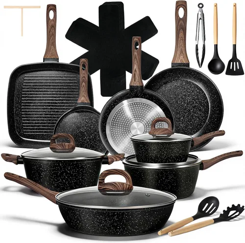 EWFEN Juego de 25 piezas de ollas y sartenes, juego de utensilios de cocina de cerámica antiadherente, saludables, no tóxicos, de gran capacidad,