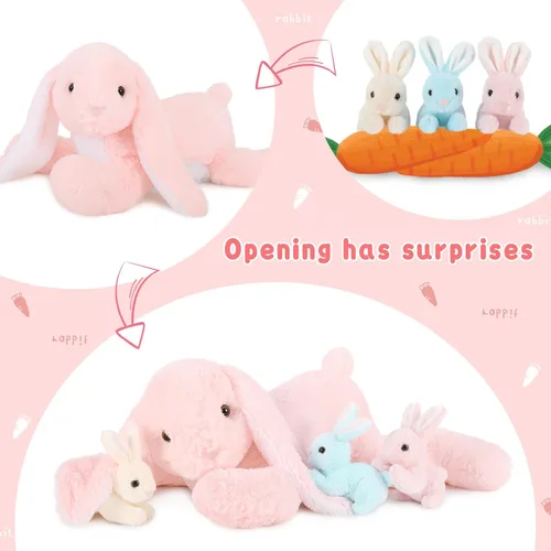 Miniatura 2 de BENINY Peluche de conejo rosa grande de 24 pulgadas – Conejito de peluche grande de Pascua, regalos para niñas y bebés, sorpresa de peluche con 3