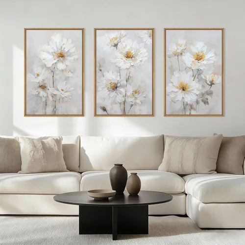 Miniatura 40 de Aryroi Juego de arte de pared en lienzo abstracto grande con marco floral, estilo bohemio, retro, neutro, flores silvestres, arte botánico de flores