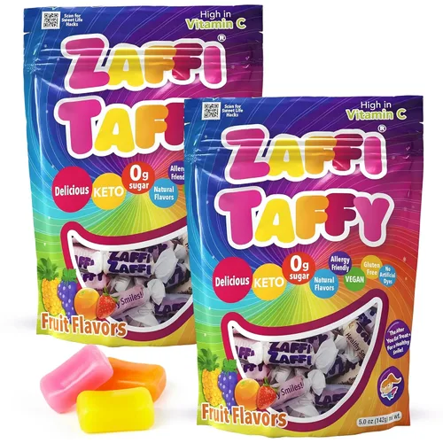 Zaffi Taffy Sugar Free Candy - Sin Colorantes, Apto para Keto y Diabéticos, Golosinas Aprobadas por Dentistas para Niños (5 oz, Paquete de 2)