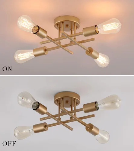 Miniatura 17 de AIHYING Lámpara de techo de 4 luces para montaje semiempotrado, lámpara de araña dorada de estilo industrial granja de mediados del siglo