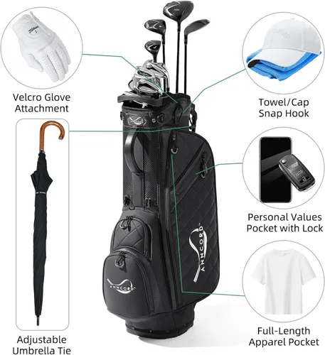 Miniatura 4 de ANNCORD Golf Stand Bag with 14 Way Full Length Dividers, PU Leather Golf Bag for Men, Waterproof Golf Bags with Stand, 6 Pockets & Cooler Pouch