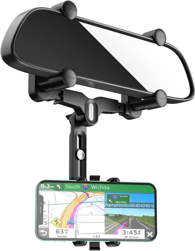 Soporte para teléfono con espejo retrovisor, soporte para teléfono de automóvil mejorado de 4 garras, giratorio de 360° y retráctil, soporte
