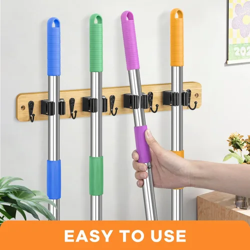 Miniatura 2 de IMILLET - Soporte de pared para fregona y escoba, colgador de bambú con 4 estantes y 5 ganchos, decoración para la lavandería, organizador