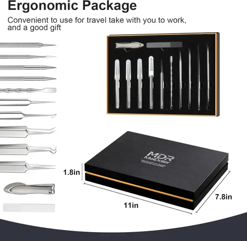 Miniatura 8 de Kit de herramientas de eliminación de espinillas de acero inoxidable tratado térmicamente, 12 piezas, extractor de comedona para acné facial