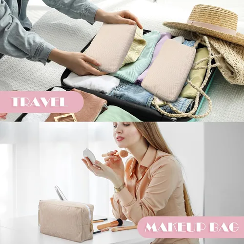 Miniatura 7 de Amylove 12 bolsas de maquillaje de pana de gran capacidad, bolsa de cosméticos preparada a granel, uso diario, bolsa de maquillaje portátil lisa