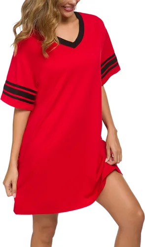 Miniatura 4 de Camisón de manga corta para mujer, con cuello en V, de algodón, holgado, cómodo, pijama, vestido casual para dormir