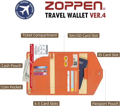 Miniatura 100 de Zoppen - Billetera de viaje con bloqueo RFID multiusos (Ver.4) Portatarjetas de pasaporte y vacunas, organizador de documentos de tres pliegues
