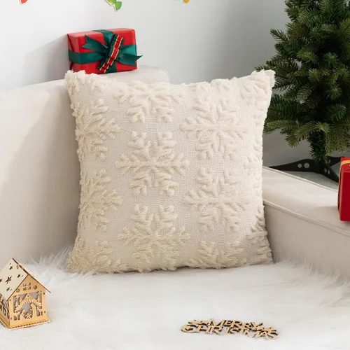 Miniatura 7 de Funda de cojín beige con copo de nieve navideño - 18 x 18 pulgadas de forro de pelo sintético - Juego de 2 fundas de cojín cuadradas bordadas