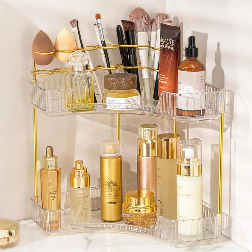 Miniatura 10 de NATURE'S SOURCE Organizador de maquillaje para tocador, organizador de baño de esquina de 2 niveles con soporte para brochas de maquillaje