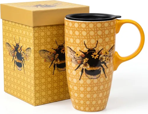 Taza de viaje de cerámica de 17 onzas con tapa y asa, taza de café con patrón floral de abeja, apta para microondas y lavavajillas, taza de café