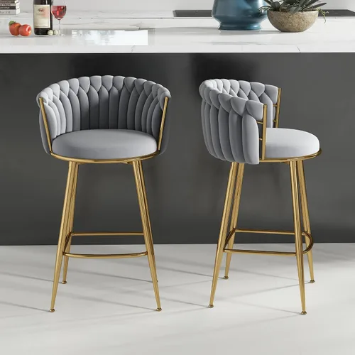Miniatura 36 de ABET Taburete de Bar Dorado 1UN, Taburetes Giratorios de Terciopelo, Taburetes de Altura Ajustable con Respaldo Tejido, Taburetes de Cocina Modernos
