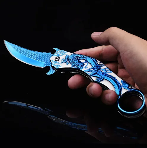Miniatura 3 de Vividstill Cuchillo de bolsillo para hombres, cuchillo plegable genial con relieve de dragón azul en 3D, gran regalo de cuchillo EDC para hombres