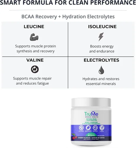 Miniatura 2 de TruMe Clean - Polvo de electrolitos BCAA vegano - Cereza - 2:1:1 sin azúcar sin sucralosa BCAA Aminoácidos Suplemento para mujeres/hombres