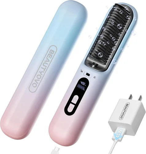 BEAUTYOVO Cepillo alisador de cabello inalámbrico - Cepillo alisador de cabello portátil de modo dual para viajes, carga rápida de 30 minutos y 6