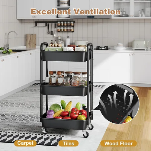 Miniatura 8 de Carrito rodante de 3 niveles con ruedas, carrito organizador de estantes de plástico negro de tres niveles con ruedas con cerradura, pequeño carrito