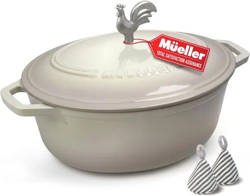 Miniatura 21 de MÜELLERHOME Horno holandés de hierro fundido esmaltado, 6 cuartos de galón, resistente, cazuela con tapa y perilla de acero inoxidable, para todas
