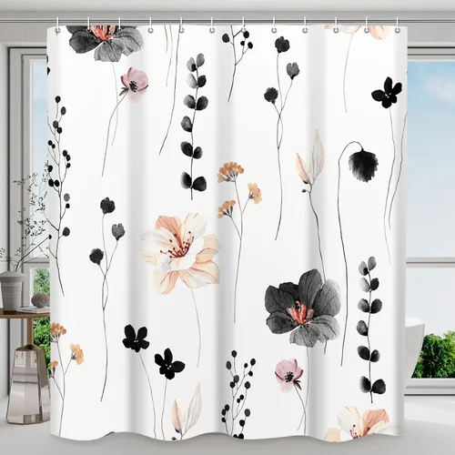 WITHLOC - Juego de cortinas de ducha lavables con flores/plantas de primavera en acuarela color negro para decoración moderna/campestre de baño, de
